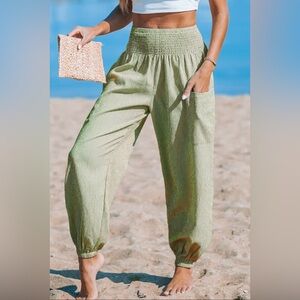 Green Striped Smocked Waist Patch Pocket Pants